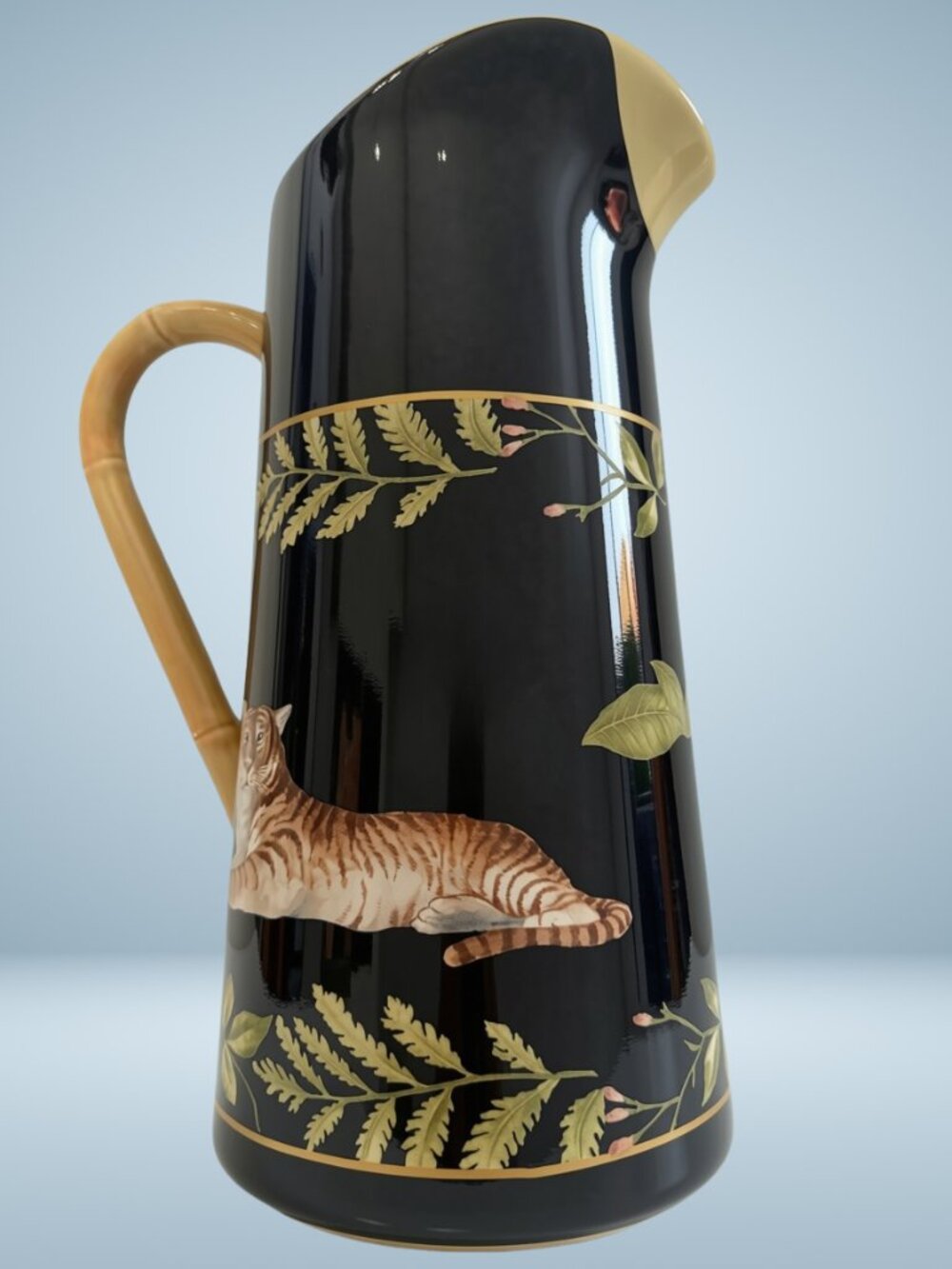 Vintage 2004 Macy's The Cellar Safari Elephant Ceramic Pitcher 10" Bamboo Handle